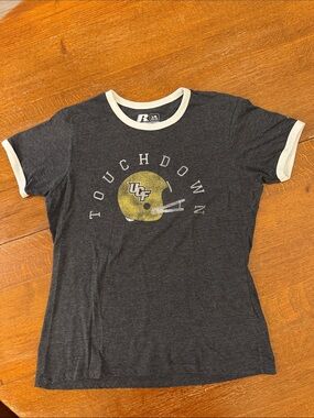 UCF Russell Athletic Black Ringer Tee with White Trim and Gold Football Helmet